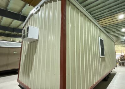mobile office exterior view, white with rust colored trim